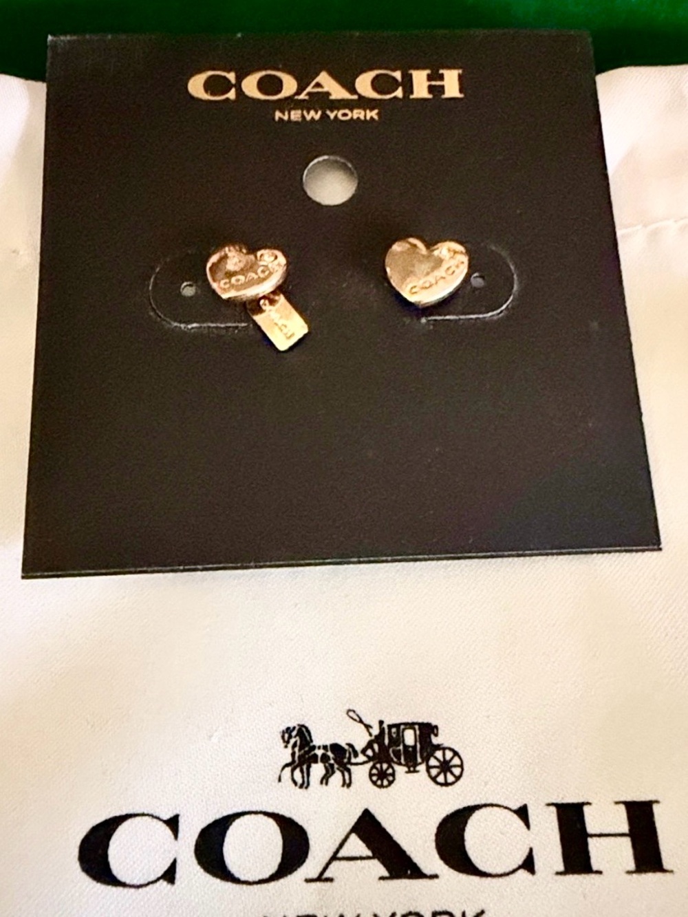 NWT Coach Gold Heart Logo Stud Earrings Crystal Accent,Hangtag Charm & Dustbag